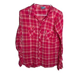C&C California Shirt Women's Medium Pink Gauze Button Up Plaid Casual Top